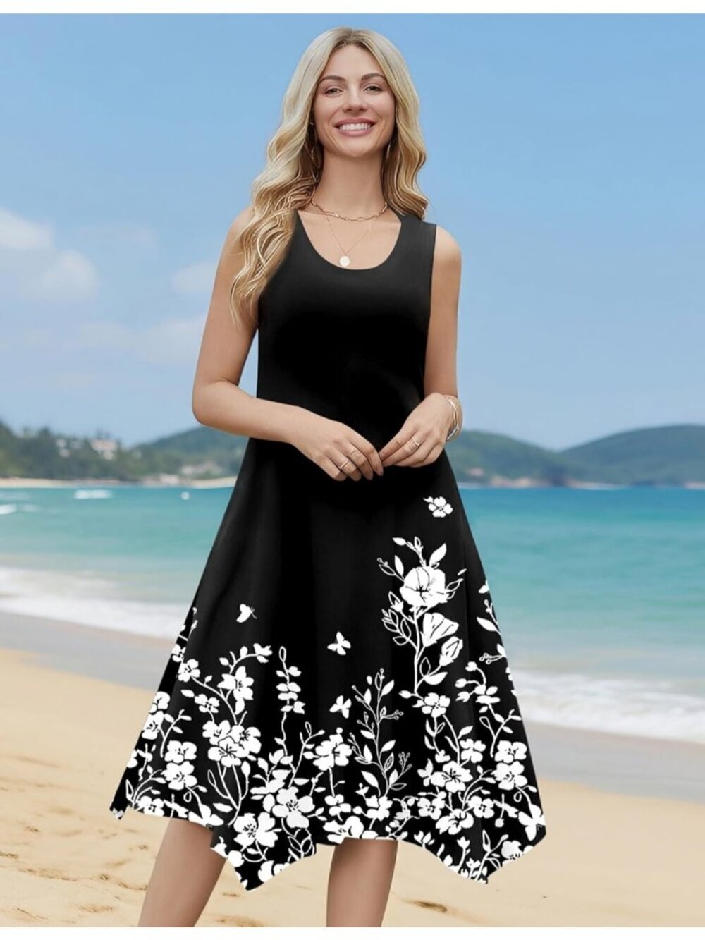 Hotouch Women's Floral Black Stylish Sleeveless Sundress Hankerchief Beach Dress - Picture 2 of 6